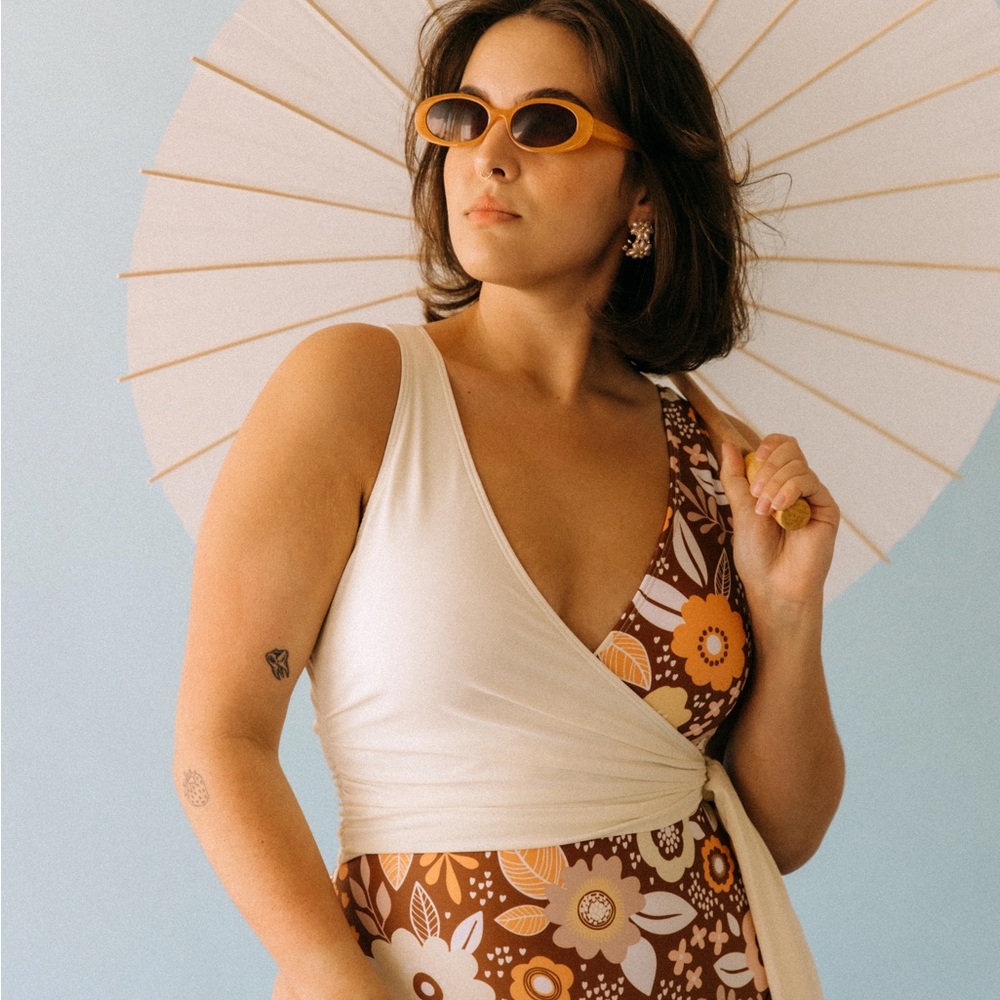 Floral Printed Tie Wrap Swimsuit with Orange Accents